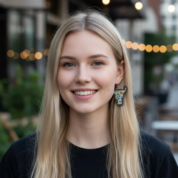 Fashion Jewelry Western boho Cow print  Earrings - Sunflower Blue and yellow - Picture 4 of 12